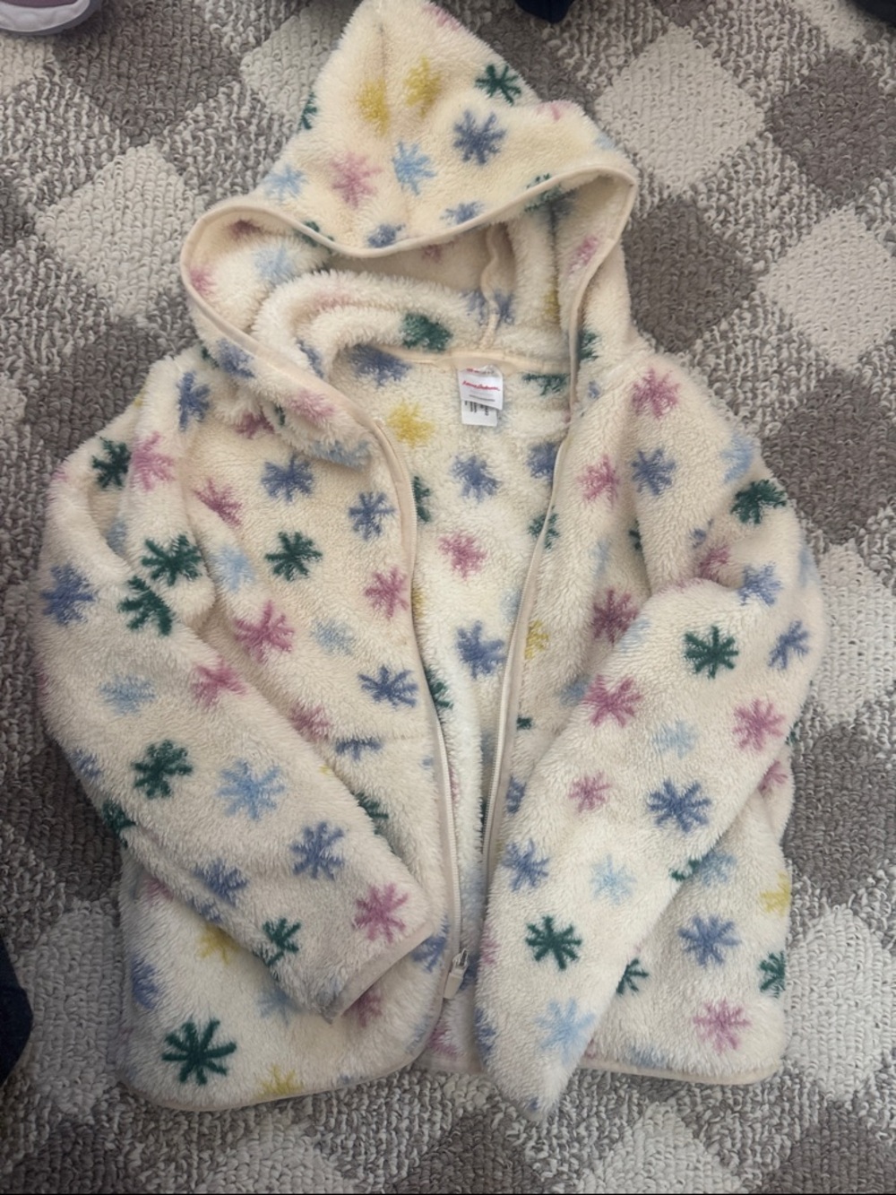 Hannah Andersson 6-7 Cream Hooded Fleece Jacket with Multicolor Snowflake Print